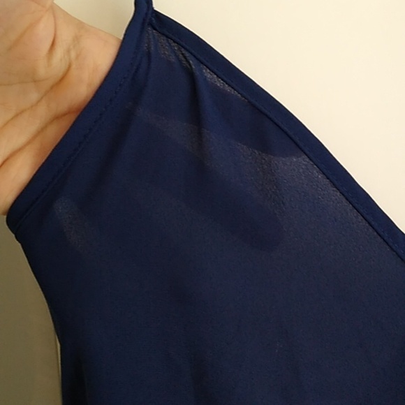 NEW Lily White Sleeveless V Neck Navy Chiffon Surplus Wrap Blouse - Picture 7 of 13